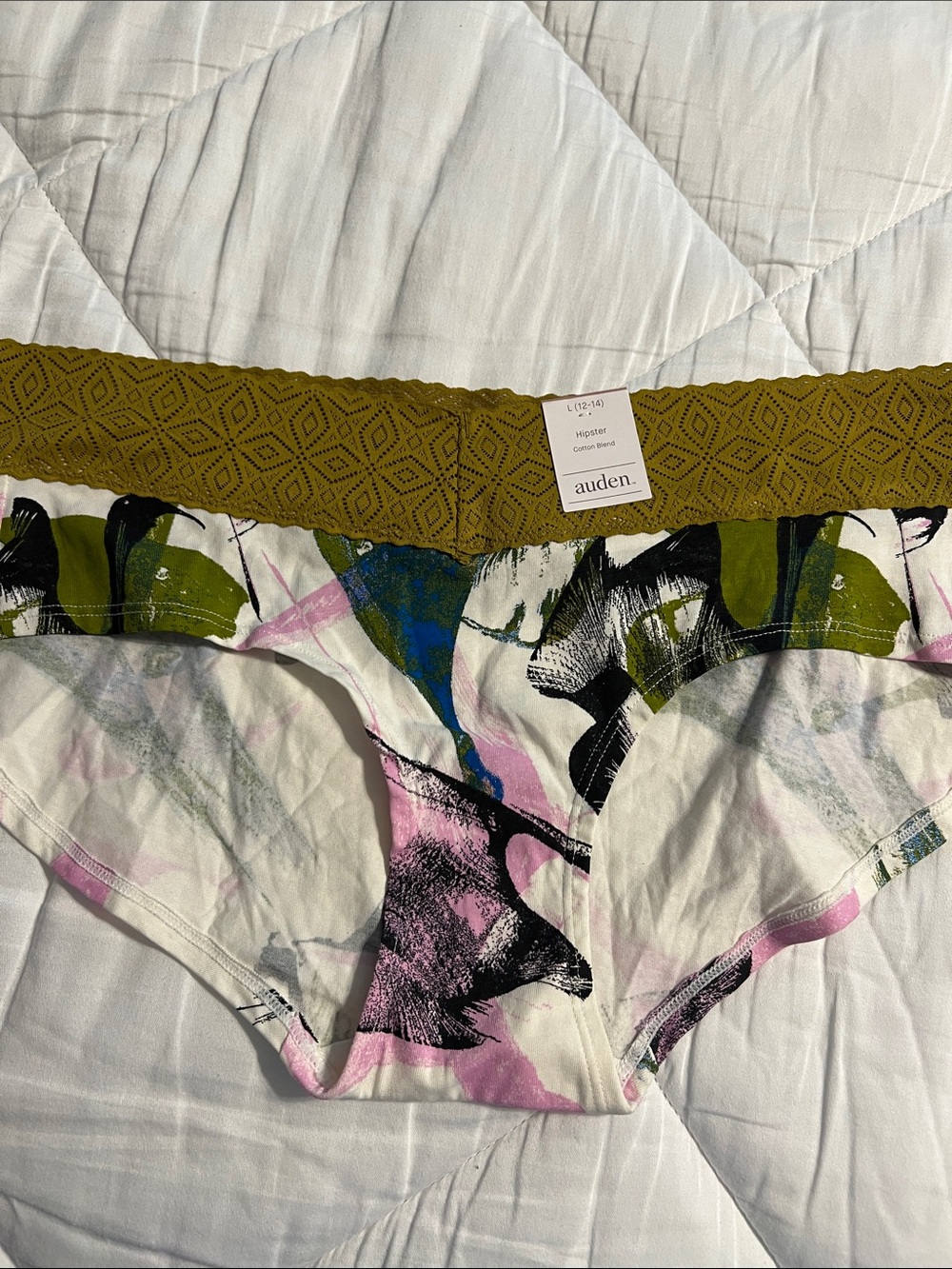Auden Abstract Floral Hipster Panties with Olive Lace Trim